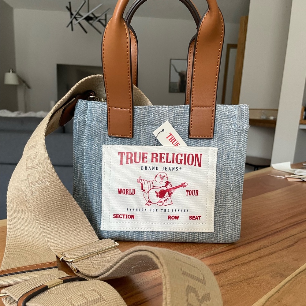 True Religion Tan and Blue Crossbody Bag
